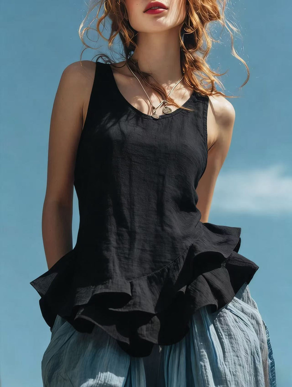 Casual Sleeveless Top with Ruffled Hem