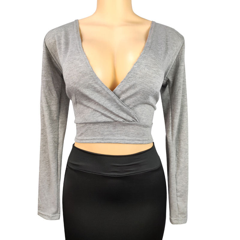 Deep V-Neck Long-Sleeve Bodycon Top