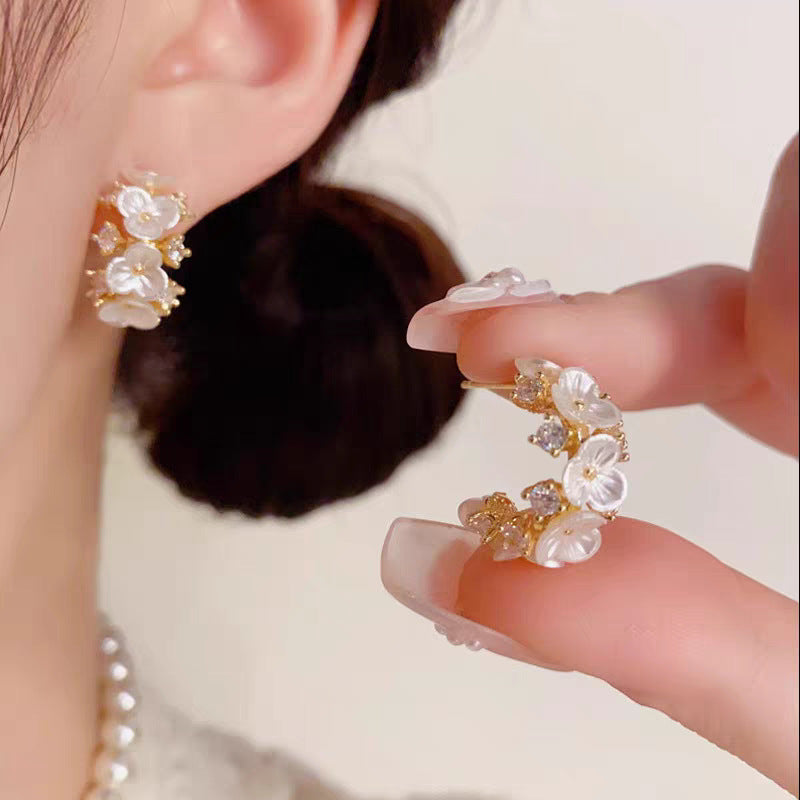 c shaped diamond flower earrings women