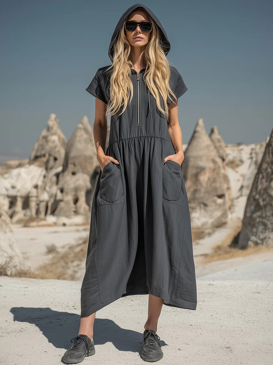 Hooded Half-Zip Mid-Length Dress