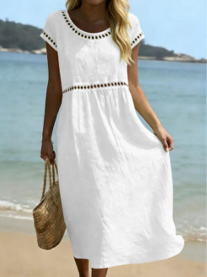 Elegant Round-Neck Cotton-Linen Dress with Lace Trim