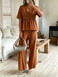 V-Neck Loose-Fit Two-Piece Set with Wide-Leg Pants