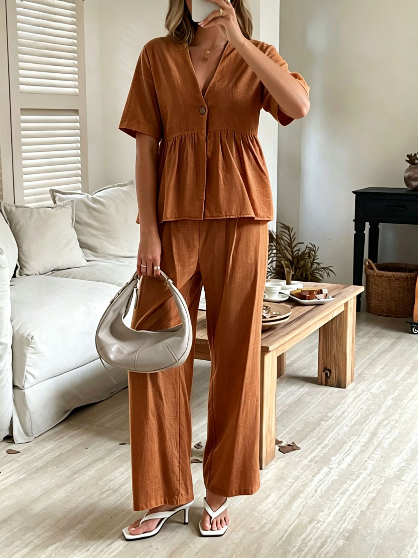 V-Neck Loose-Fit Two-Piece Set with Wide-Leg Pants