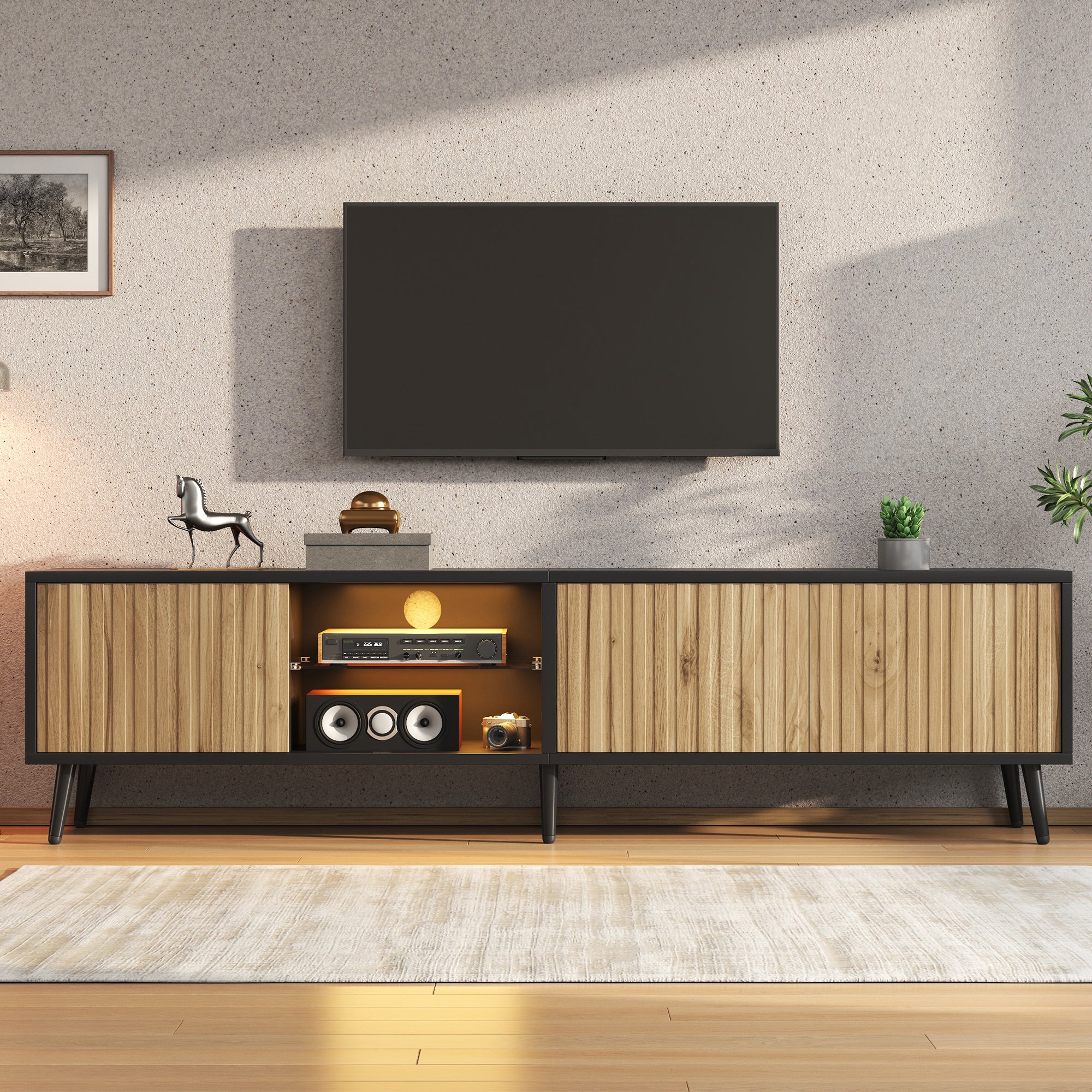 Mid-Century Modern LED TV Stand, 175cm Black Media Console