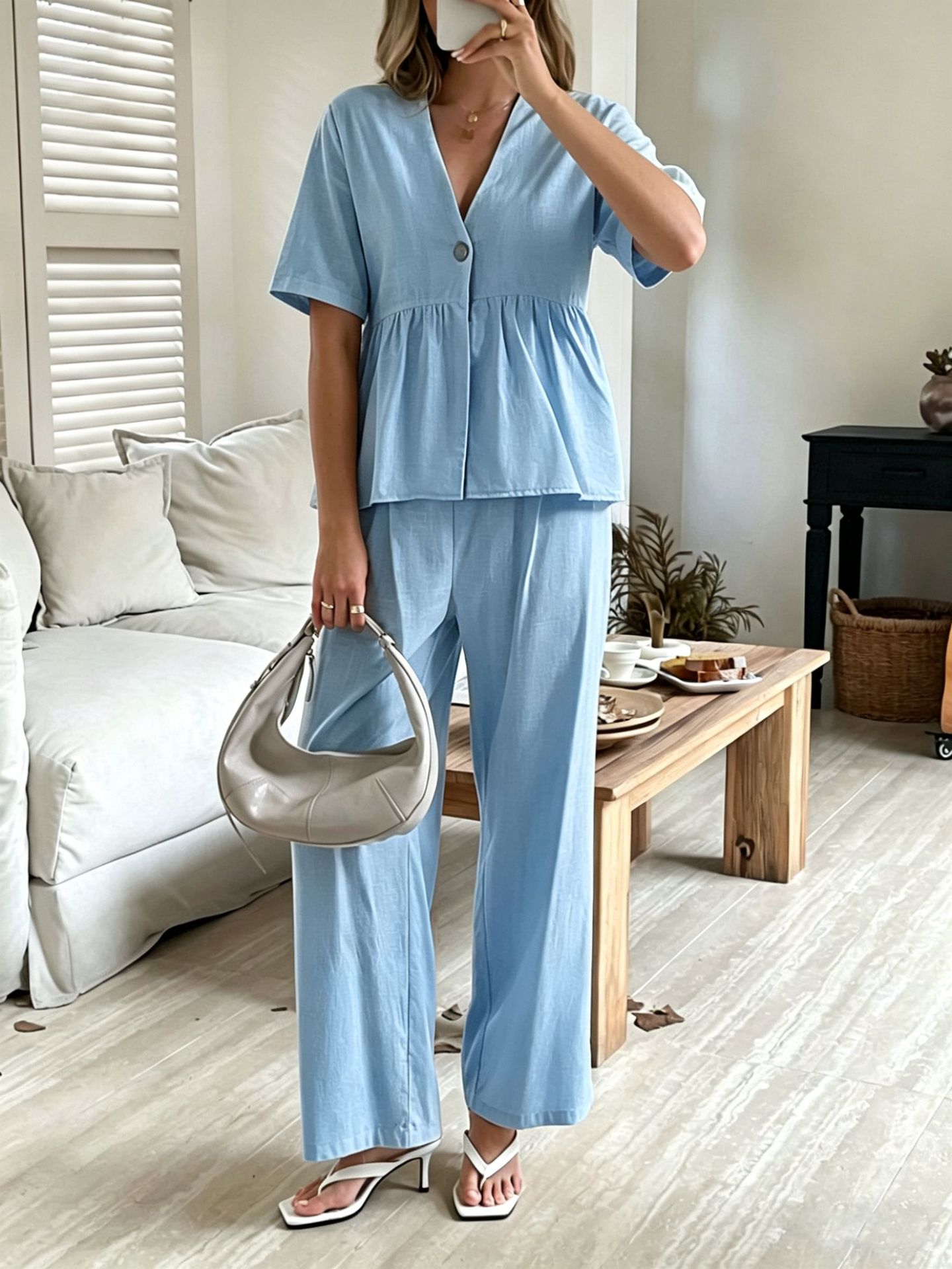 V-Neck Loose-Fit Two-Piece Set with Wide-Leg Pants