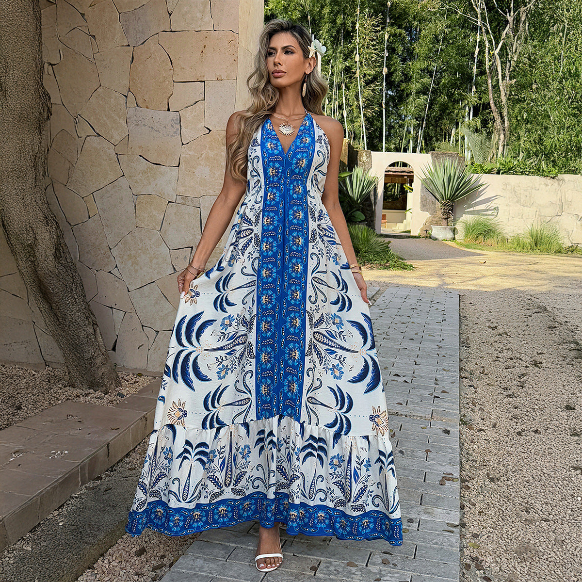 Bohemian Halterneck Resort Dress Cinched Waist