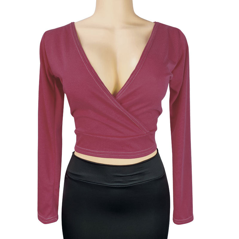 Deep V-Neck Long-Sleeve Bodycon Top