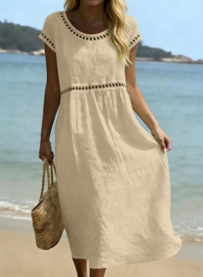 Elegant Round-Neck Cotton-Linen Dress with Lace Trim