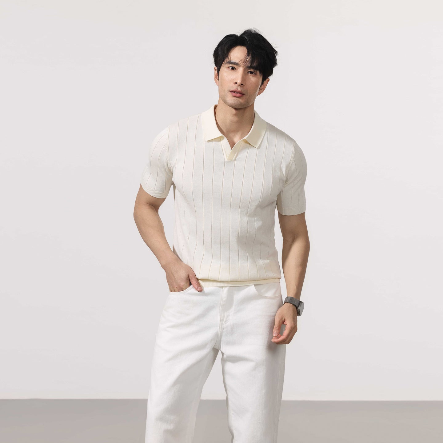 Men's Short-Sleeve Striped Knit Sweater