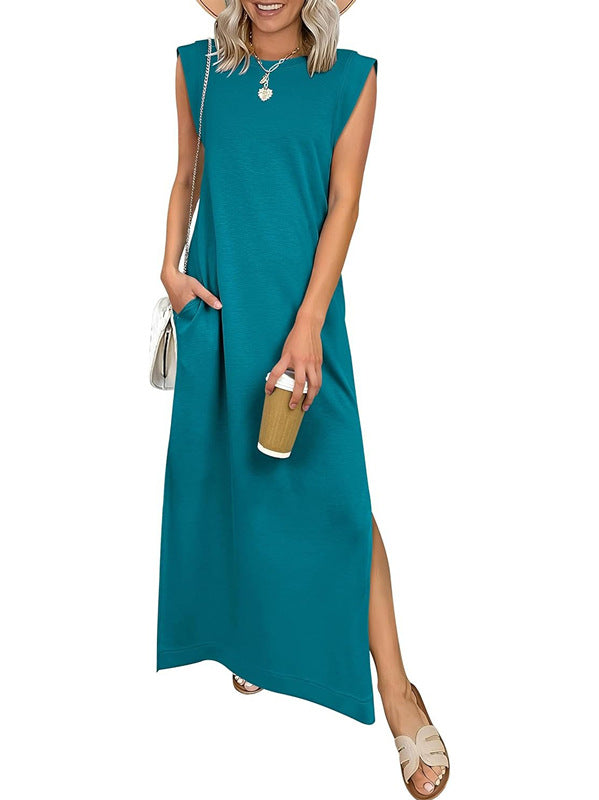 Women's Round Neck Raglan Sleeve Pocket Long Dress