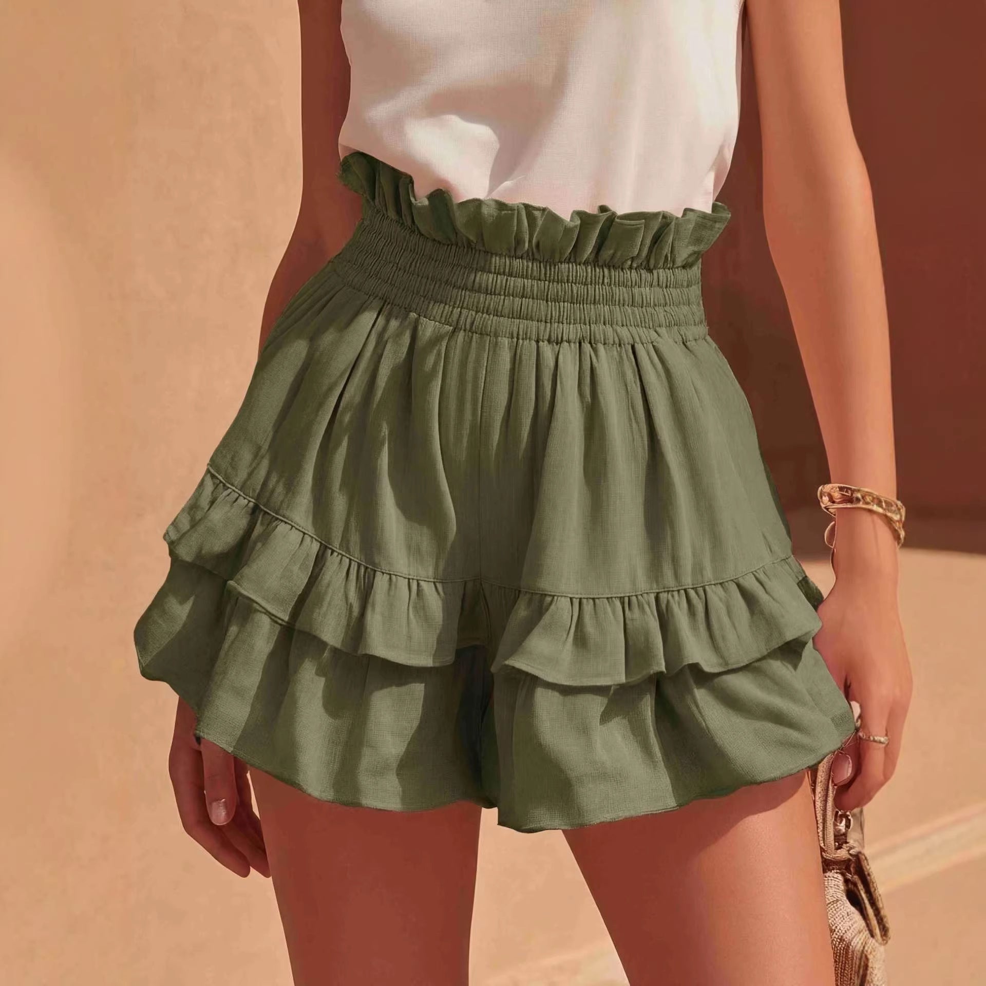 cinched waist ruffle trim shorts