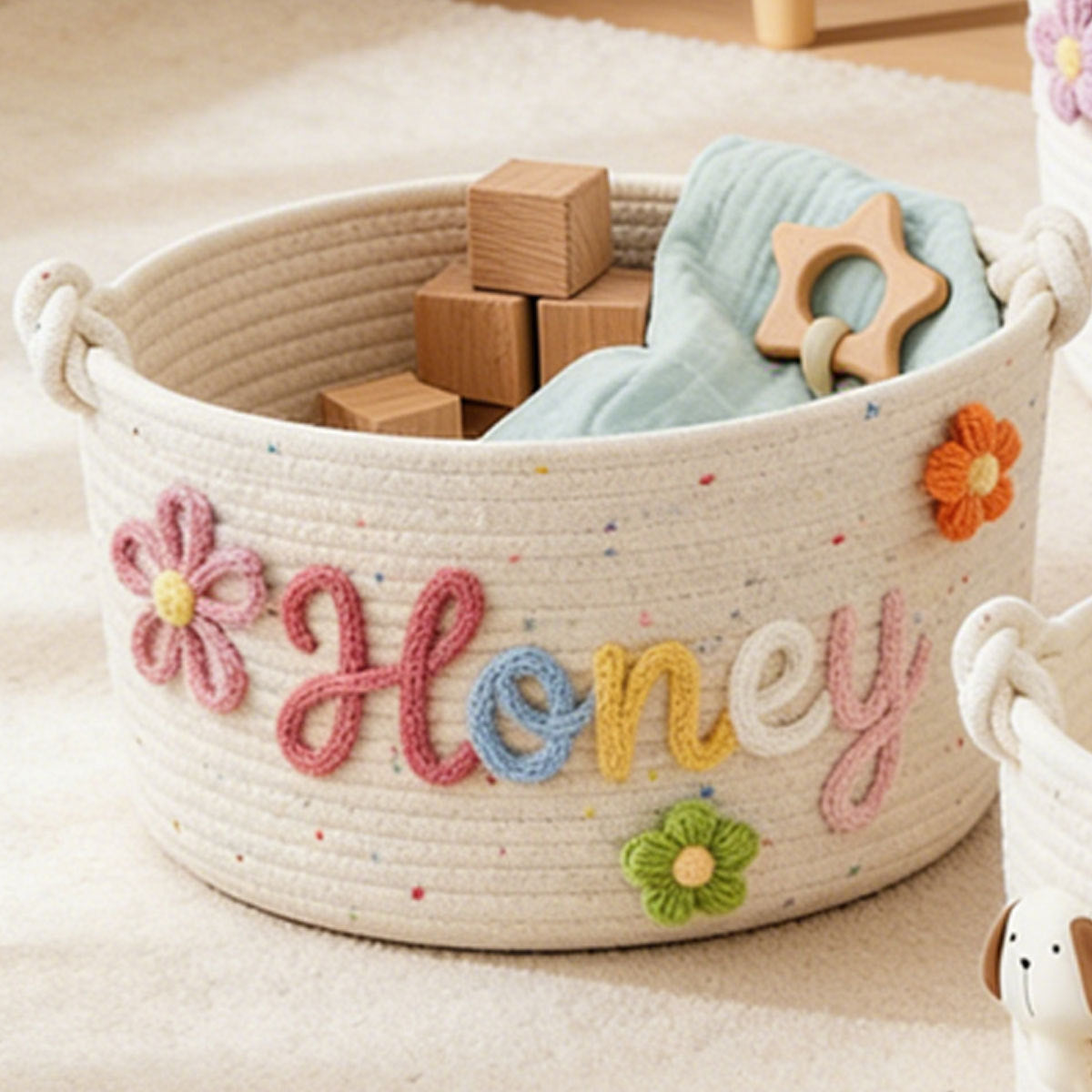 Embroidered Cotton Rope Storage Basket