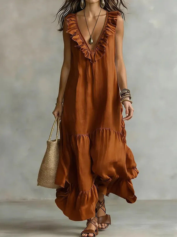 Lace-Trimmed Sleeveless Maxi Dress – Loose Fit