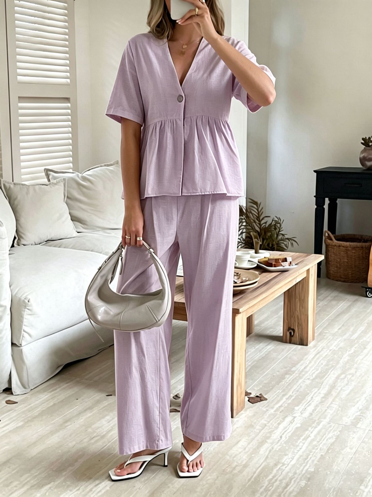 V-Neck Loose-Fit Two-Piece Set with Wide-Leg Pants