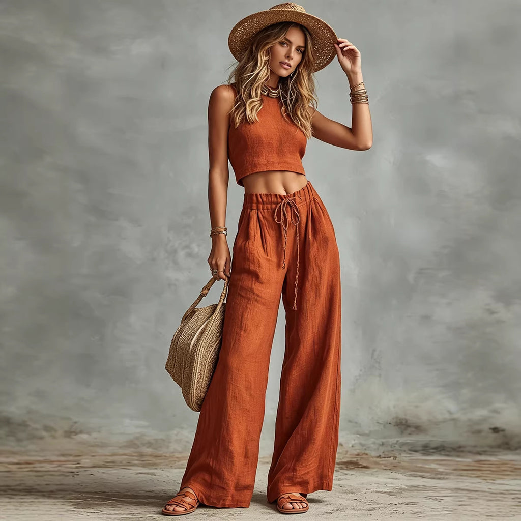 vest drawstring high waist wide leg pants set