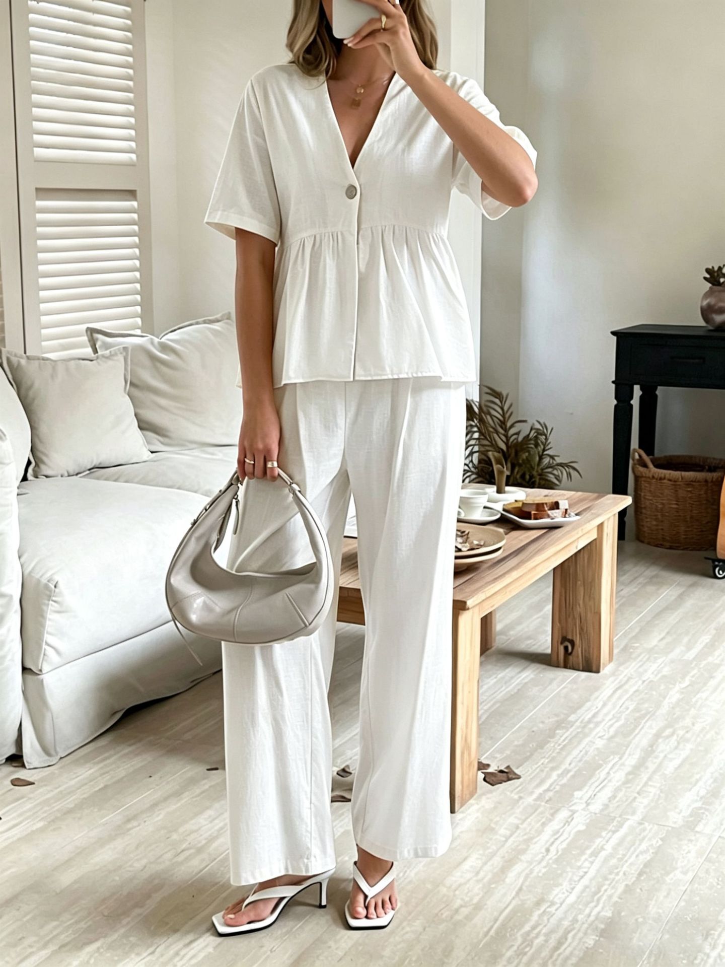 V-Neck Loose-Fit Two-Piece Set with Wide-Leg Pants