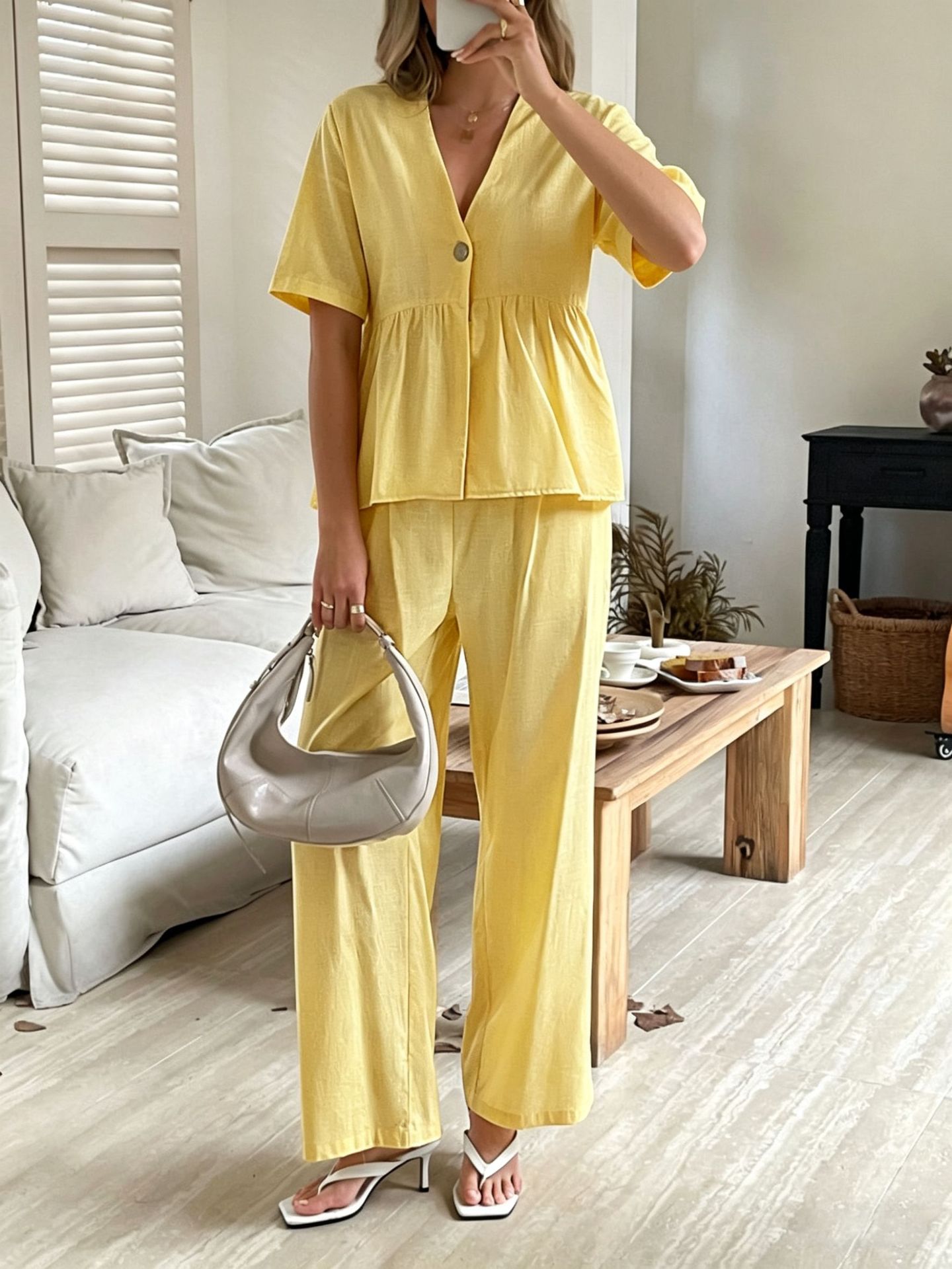 V-Neck Loose-Fit Two-Piece Set with Wide-Leg Pants