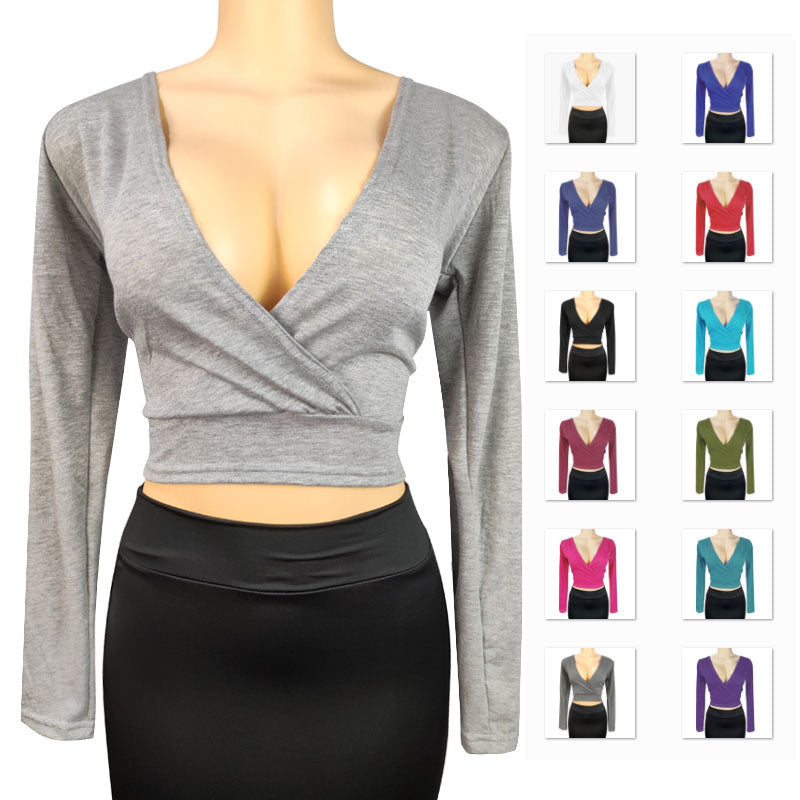 Deep V-Neck Long-Sleeve Bodycon Top