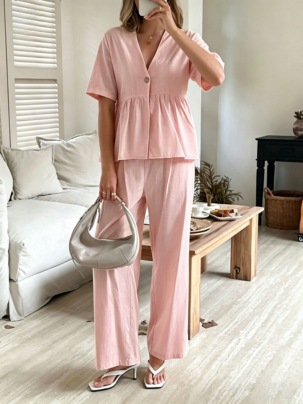 V-Neck Loose-Fit Two-Piece Set with Wide-Leg Pants