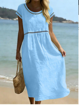Elegant Round-Neck Cotton-Linen Dress with Lace Trim