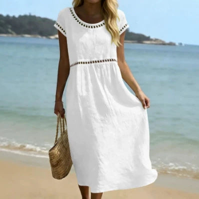 Elegant Round-Neck Cotton-Linen Dress with Lace Trim
