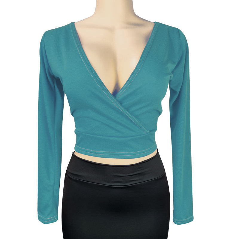 Deep V-Neck Long-Sleeve Bodycon Top