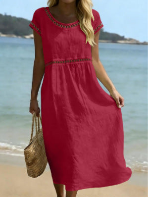 Elegant Round-Neck Cotton-Linen Dress with Lace Trim
