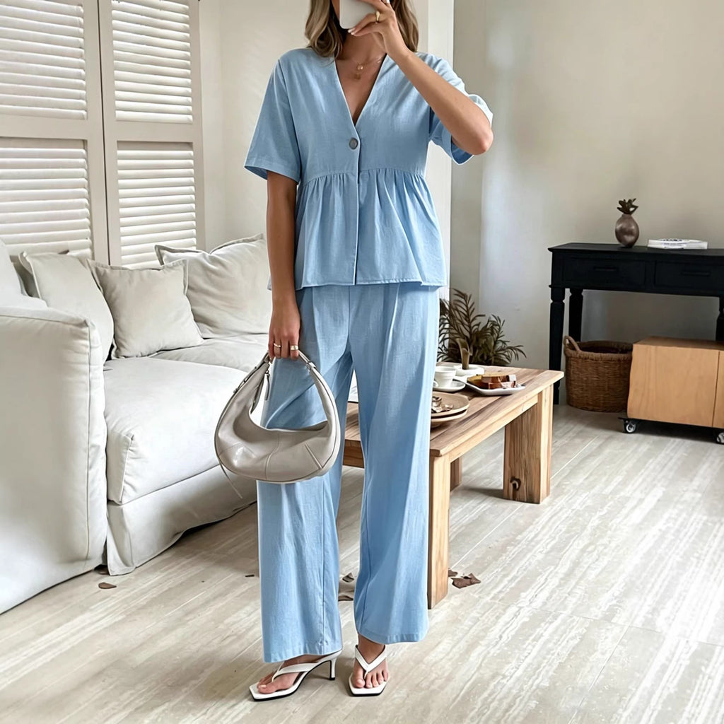 V-Neck Loose-Fit Two-Piece Set with Wide-Leg Pants