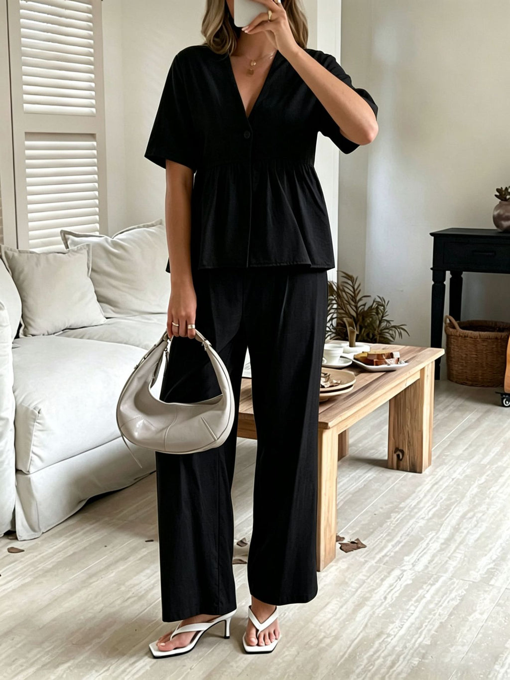 V-Neck Loose-Fit Two-Piece Set with Wide-Leg Pants