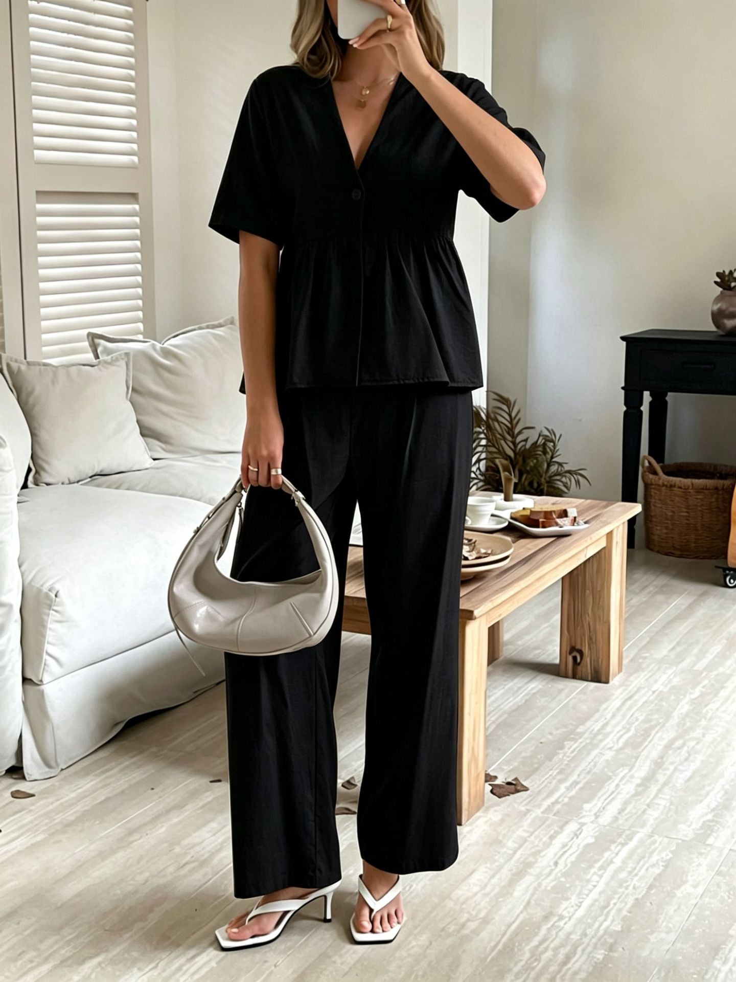 V-Neck Loose-Fit Two-Piece Set with Wide-Leg Pants