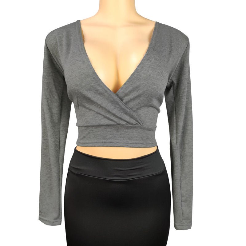 Deep V-Neck Long-Sleeve Bodycon Top