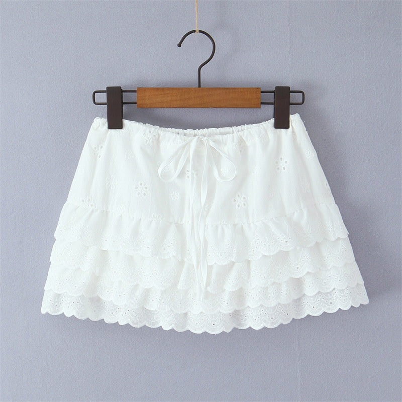 Lace-Trimmed Waist-Cinching Top with Ruffled Skirt Set
