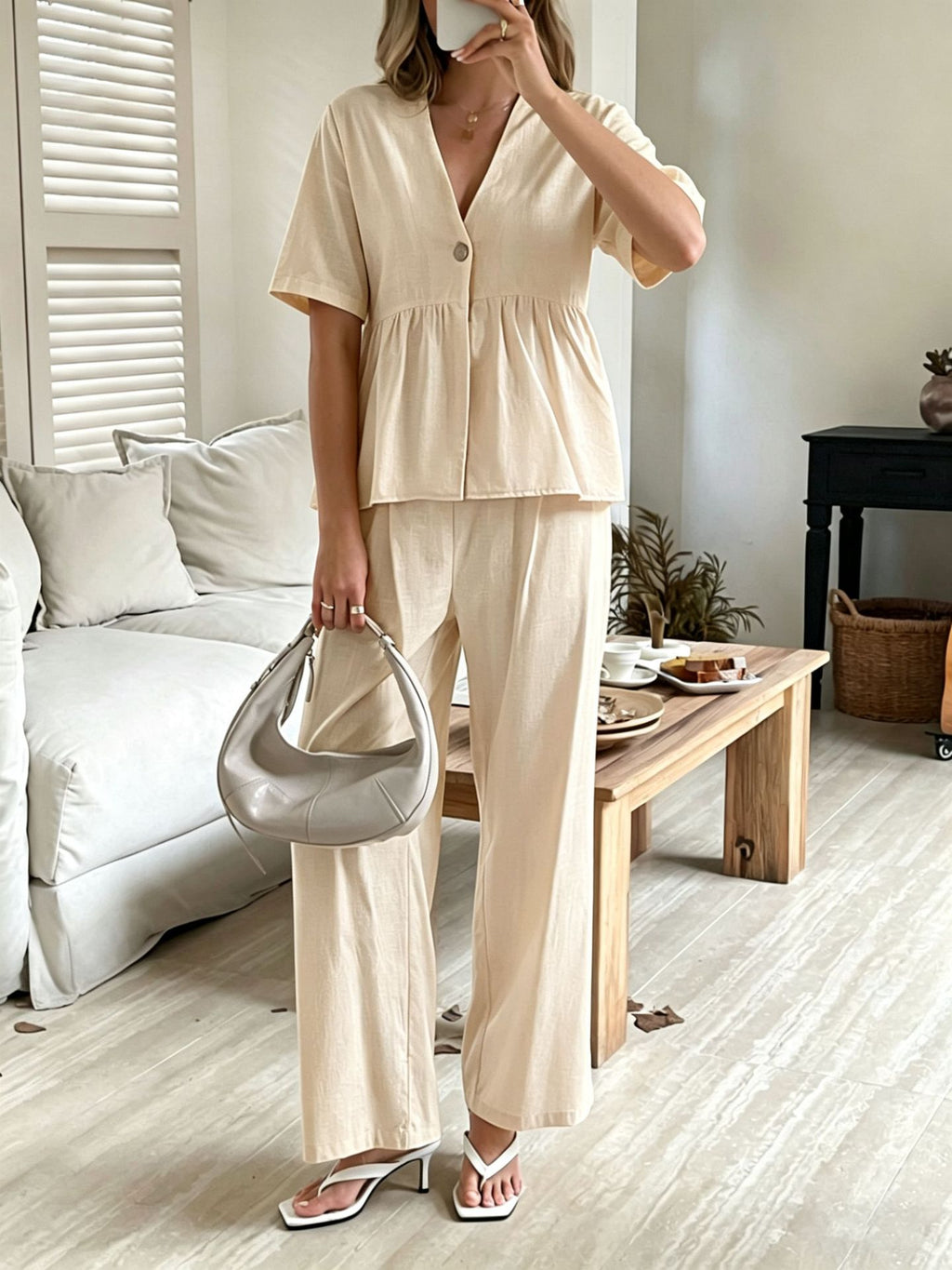 V-Neck Loose-Fit Two-Piece Set with Wide-Leg Pants