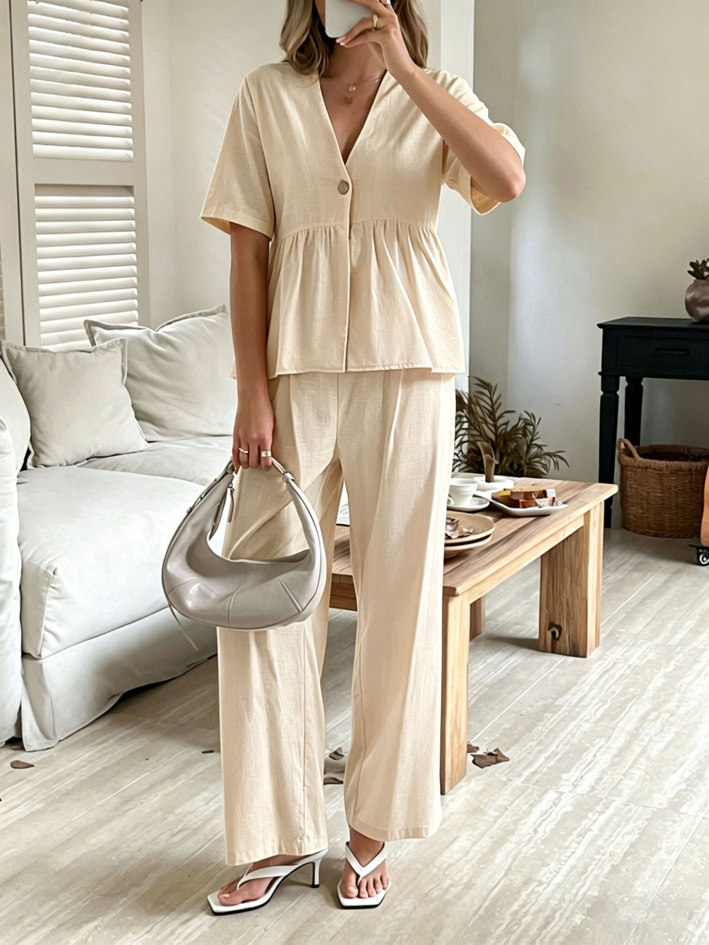 V-Neck Loose-Fit Two-Piece Set with Wide-Leg Pants