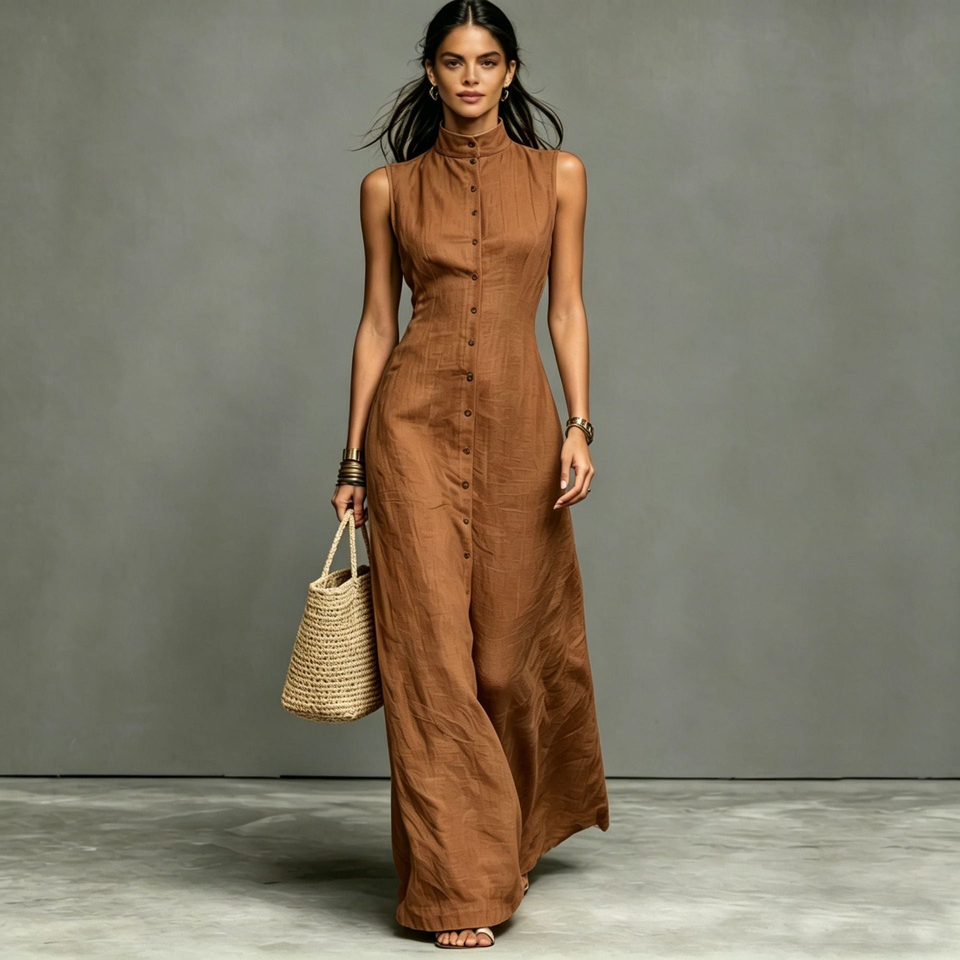 Sleeveless Maxi Dress with Stand-Up Collar