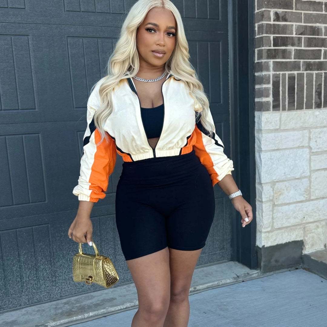 patchwork contrast zippered shorts set
