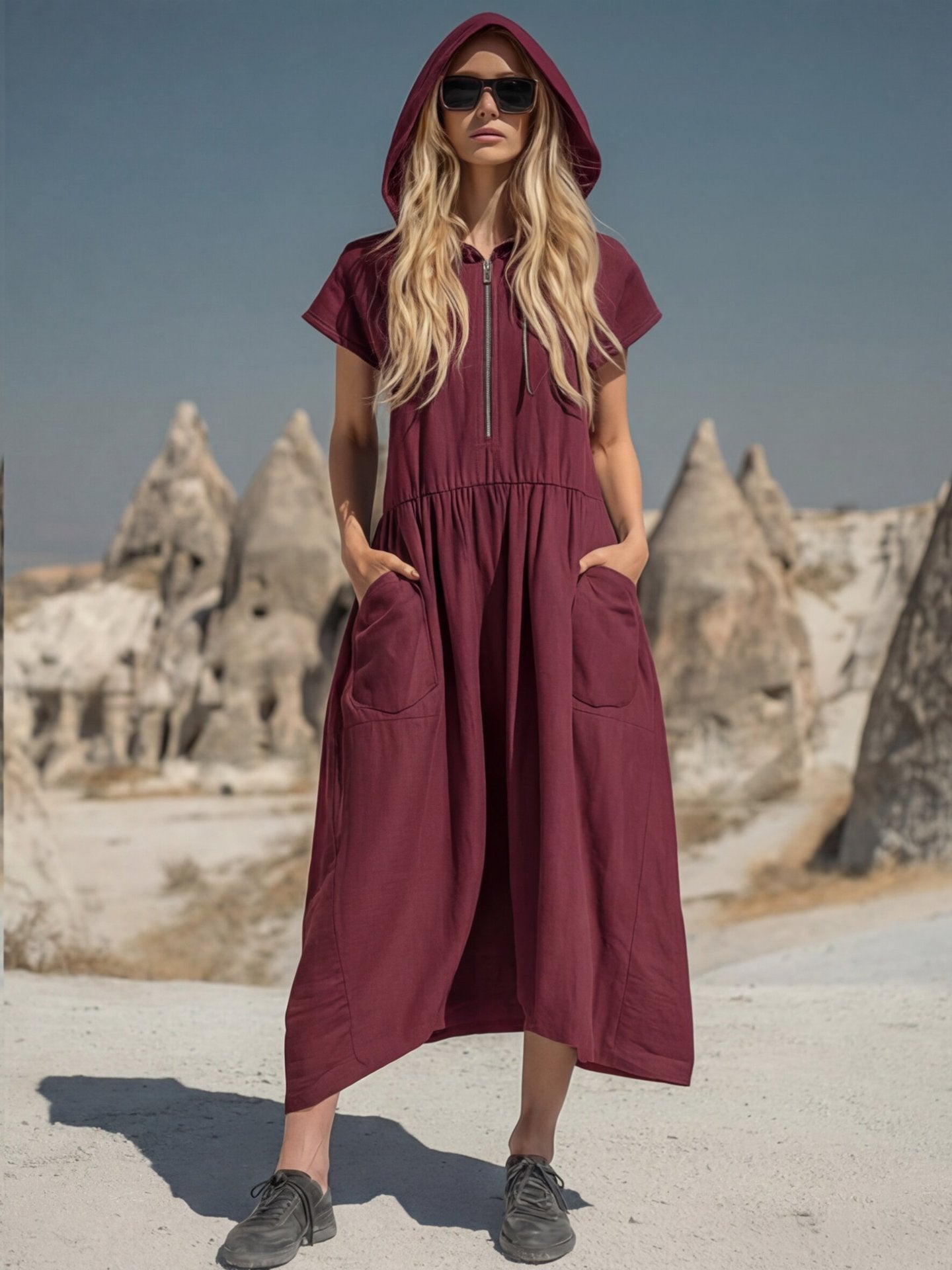 Hooded Half-Zip Mid-Length Dress