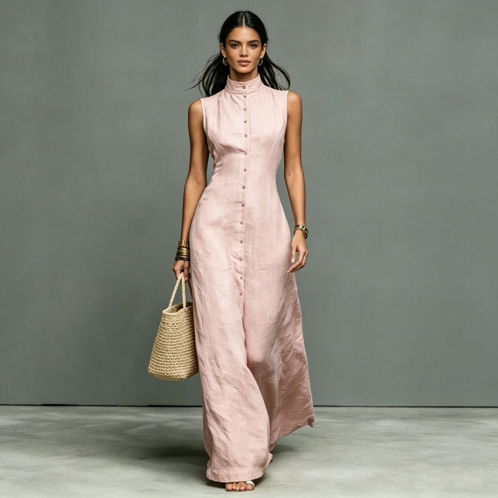 Sleeveless Maxi Dress with Stand-Up Collar