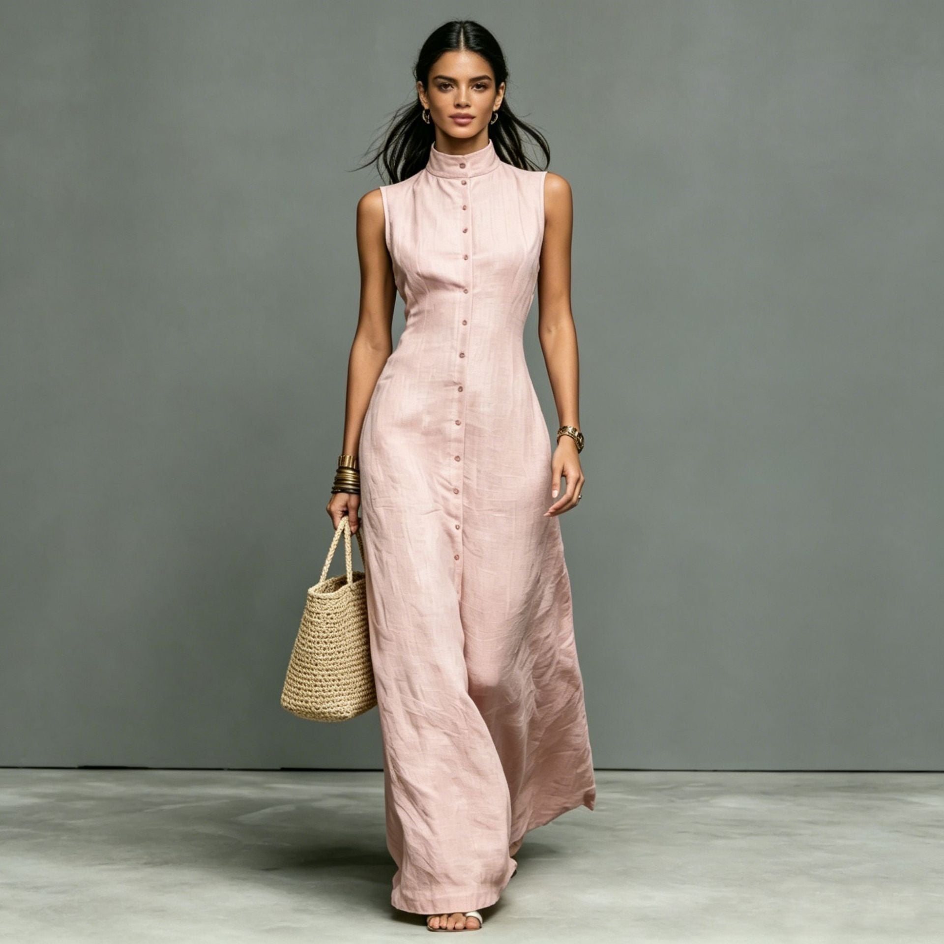 Sleeveless Maxi Dress with Stand-Up Collar