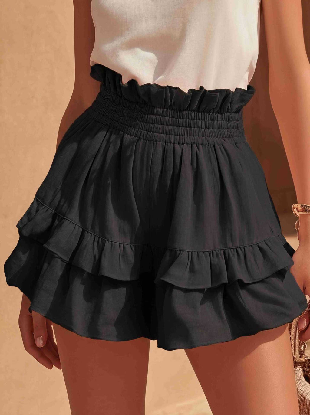 Cinched Waist Ruffle Trim Casual Shorts