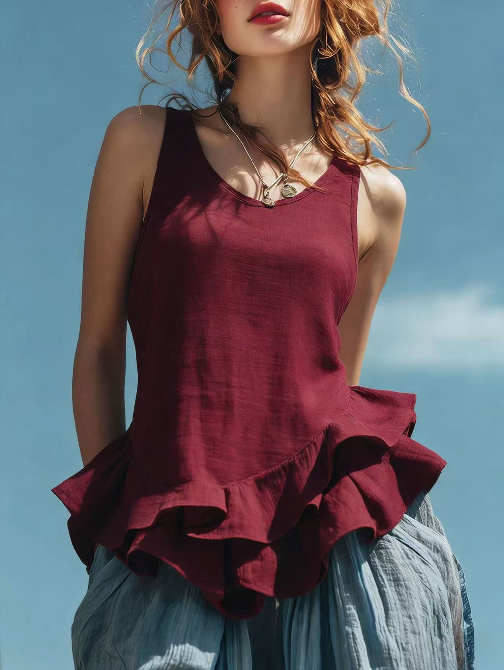 Casual Sleeveless Top with Ruffled Hem