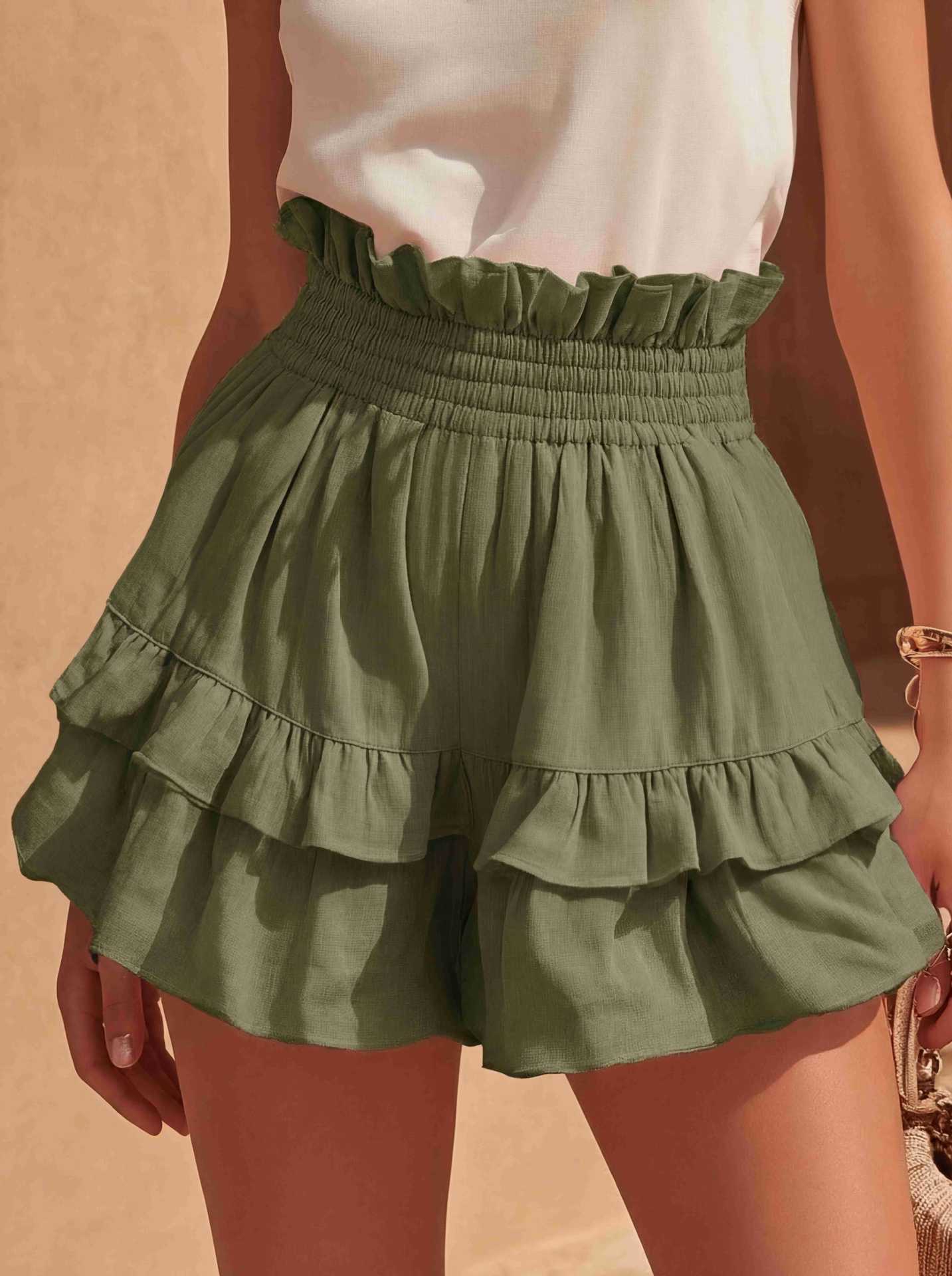 Cinched Waist Ruffle Trim Casual Shorts