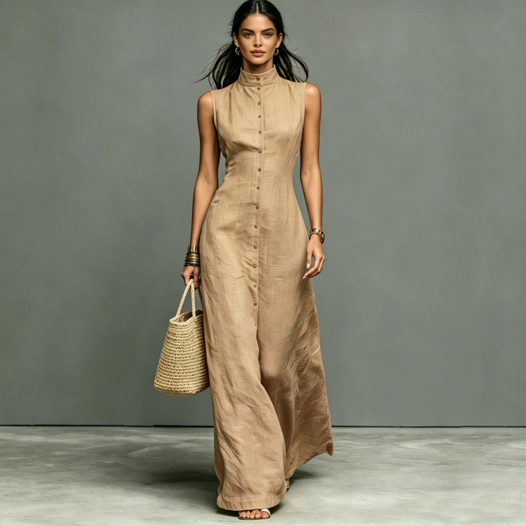 Sleeveless Maxi Dress with Stand-Up Collar