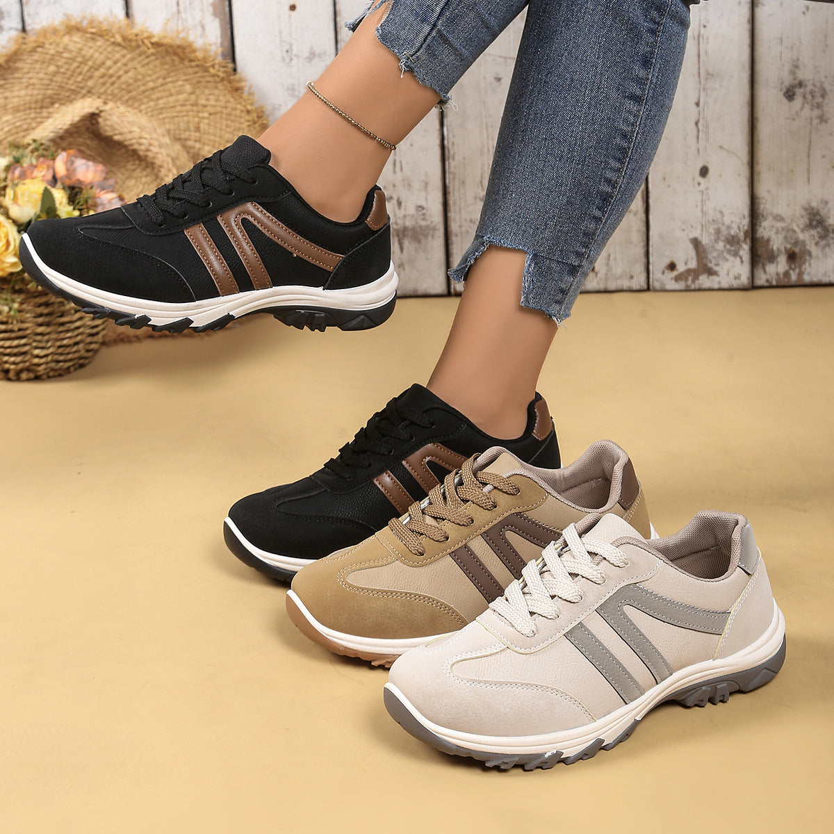 retro color block casual shoes women