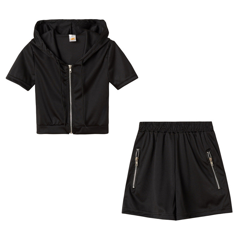 Solid Color Sporty Casual Hoodie Two-Piece Set