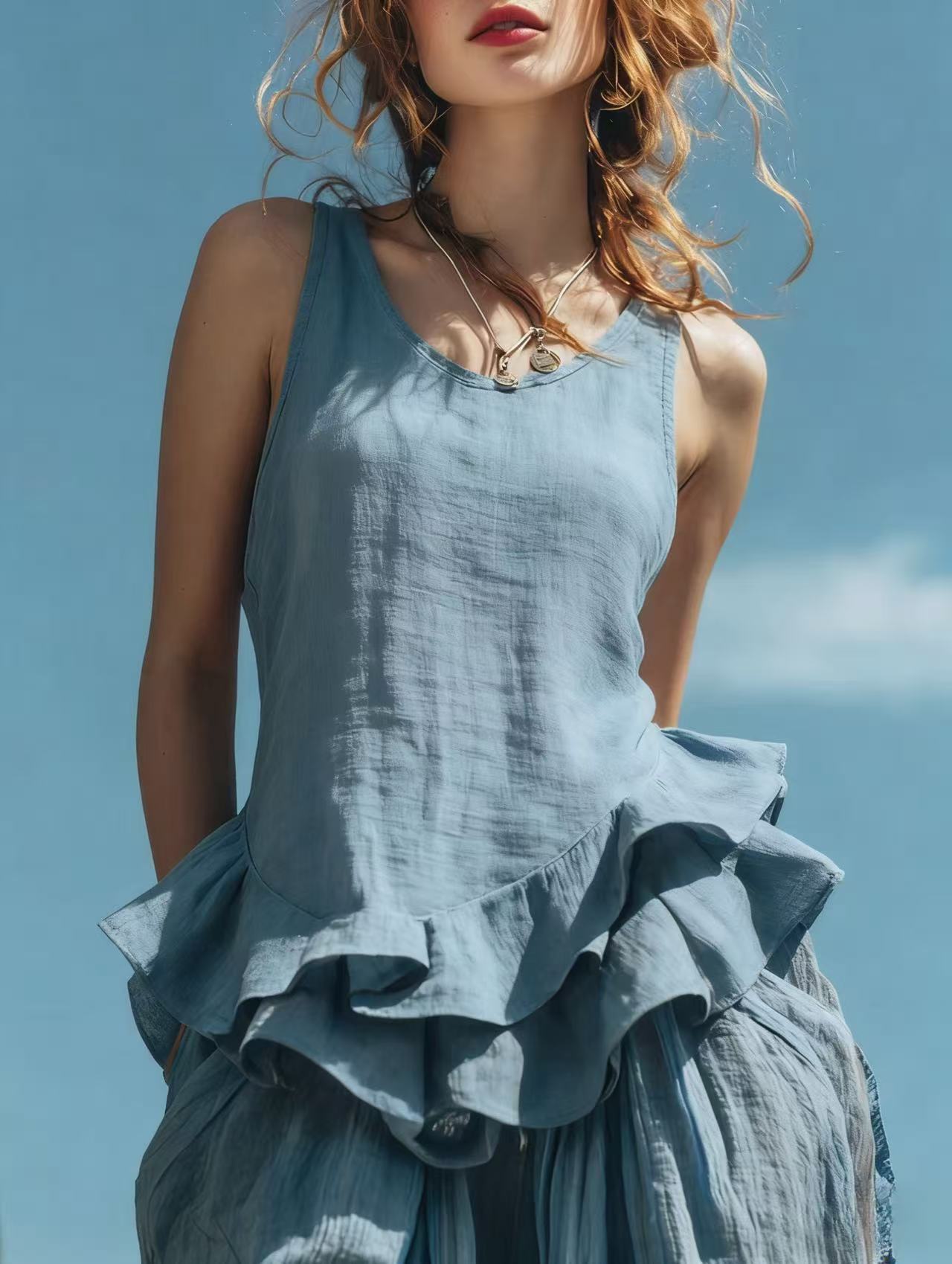 Casual Sleeveless Top with Ruffled Hem