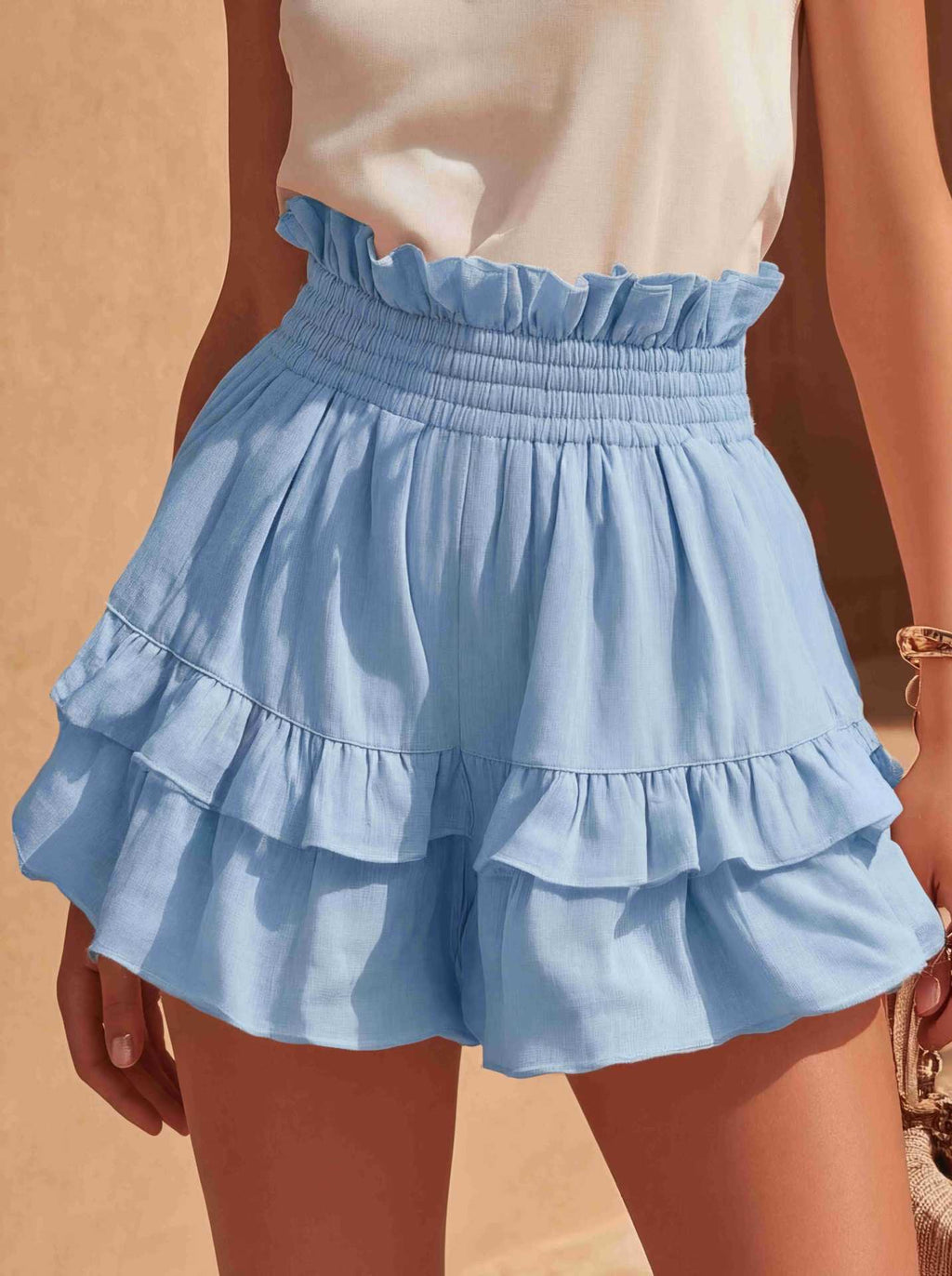 Cinched Waist Ruffle Trim Casual Shorts