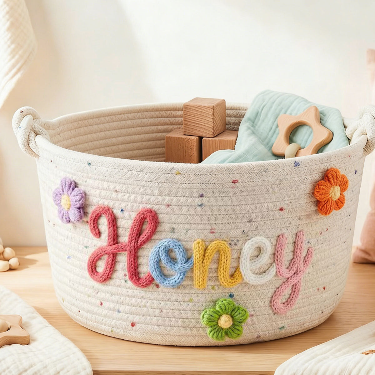 Embroidered Cotton Rope Storage Basket