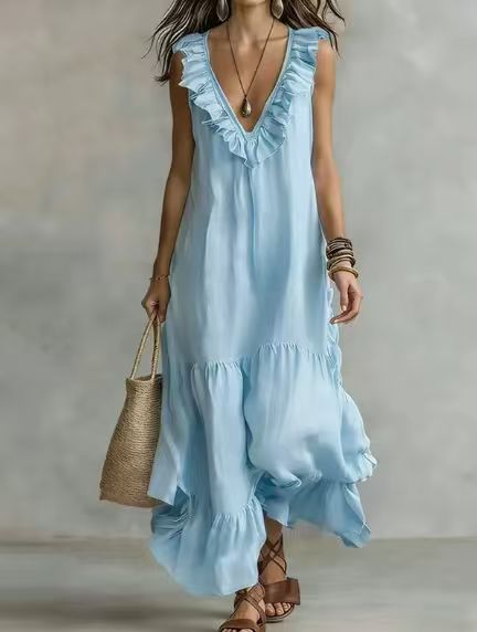 Lace-Trimmed Sleeveless Maxi Dress – Loose Fit