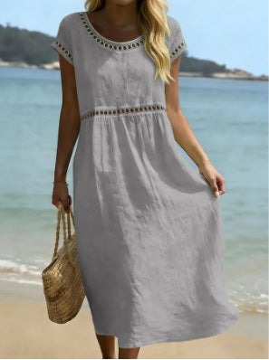 Elegant Round-Neck Cotton-Linen Dress with Lace Trim
